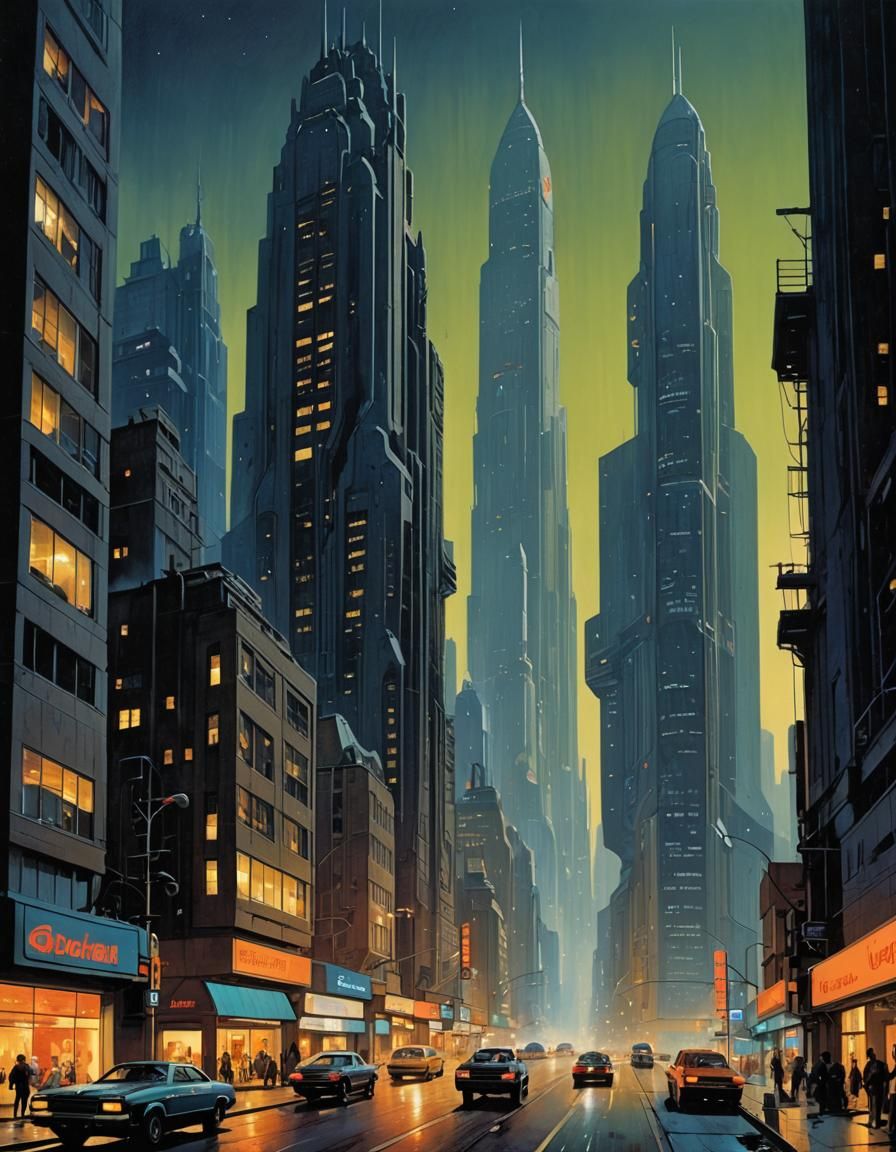 Futuristic Skyscraper at Night in 70s Sci-Fi Style