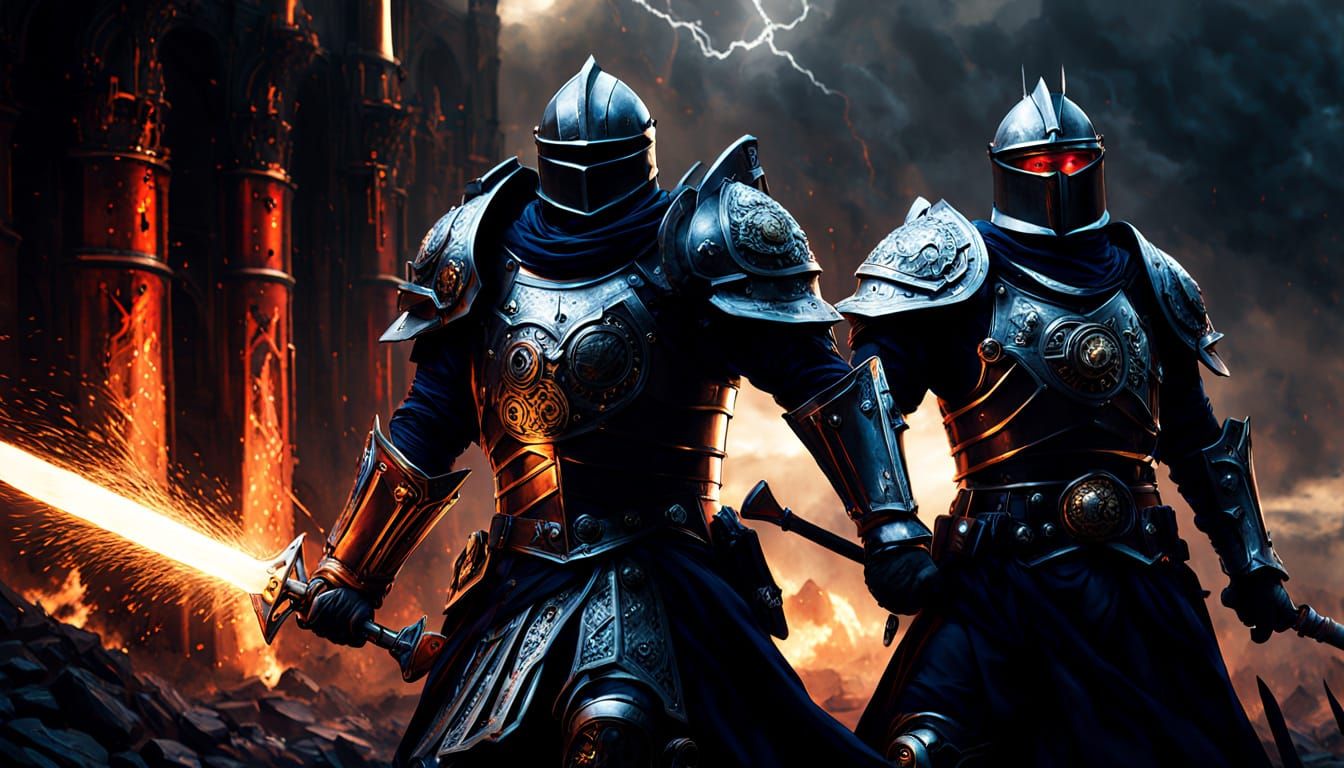 Knights Duel on Clockwork Battlefield in Dark Fantasy Style