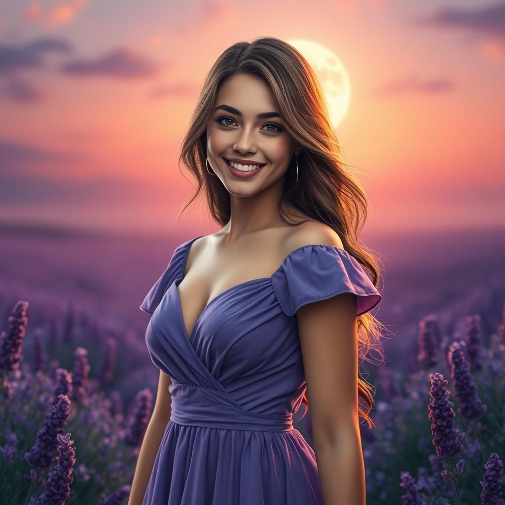 Lavender Smile Woman in Moonlit Forest