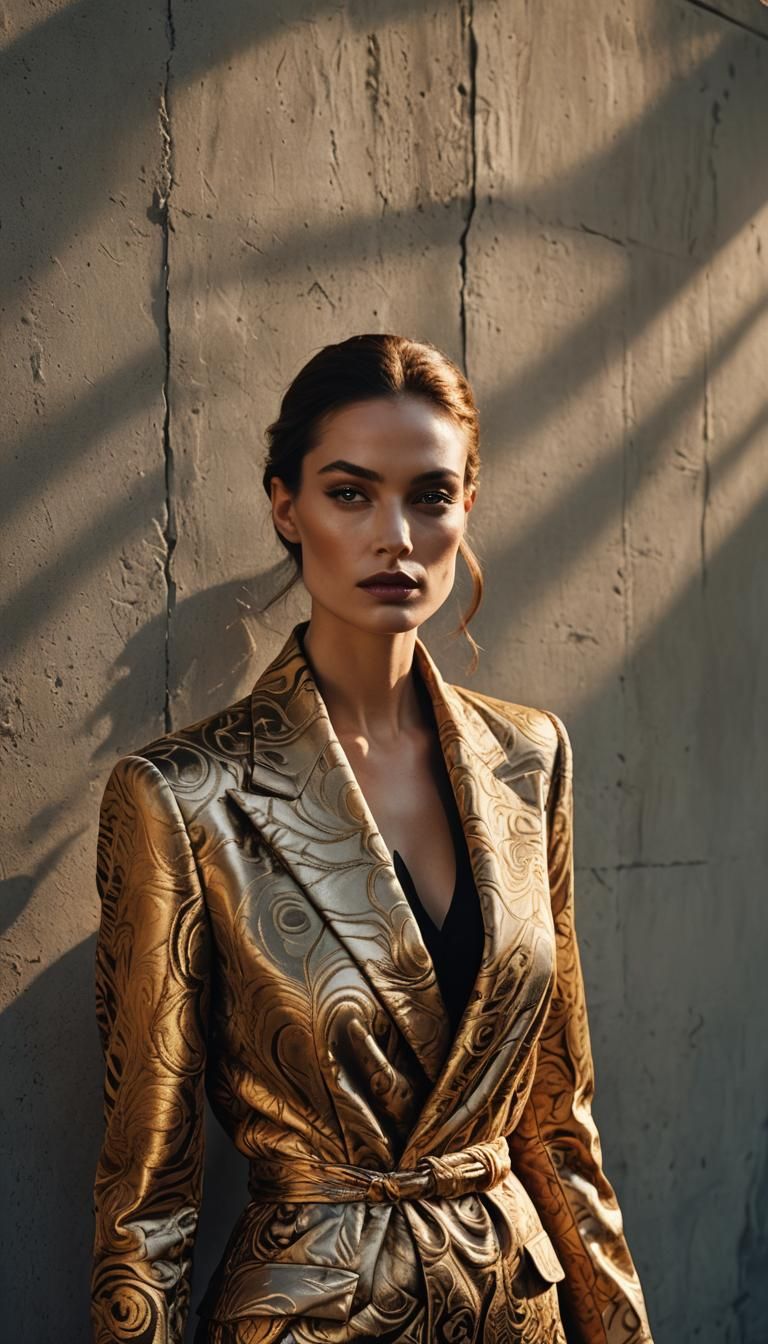 Elegant Woman in Luxurious Outfit: High-Fashion Portrait