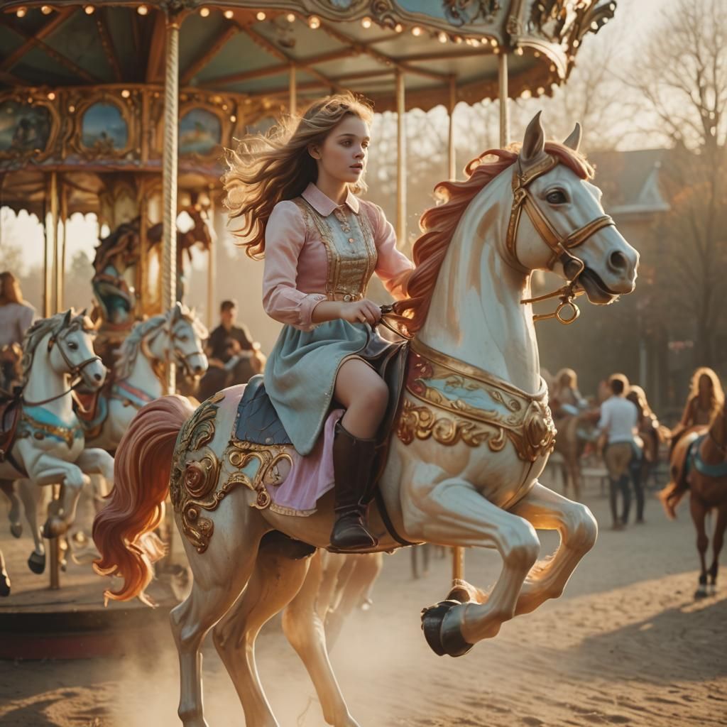 Girl on Carousel at Sunset: Dreamy Magical Realism