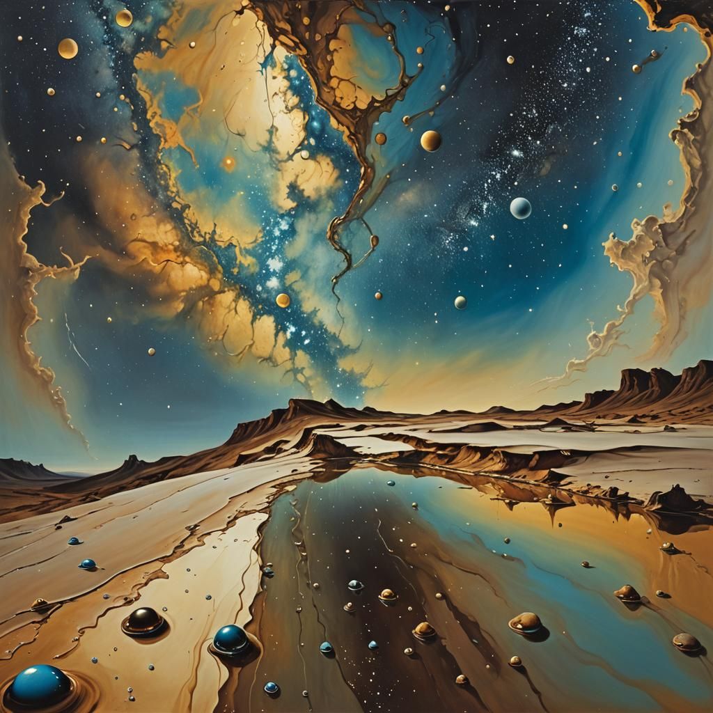 Water Droplets on Milky Way Edge: Surreal Oil Canvas