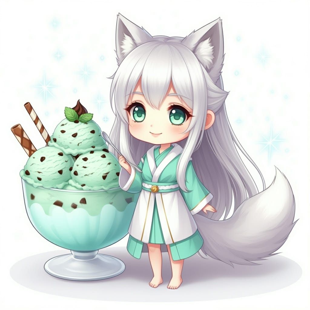 Wolfie eating mint chocolate chip ice cream