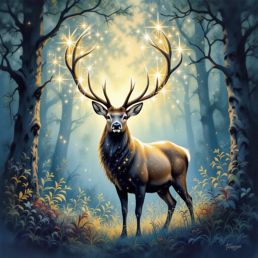 Ethereal Star Stag in Enchanted Forest, Impasto Gouache