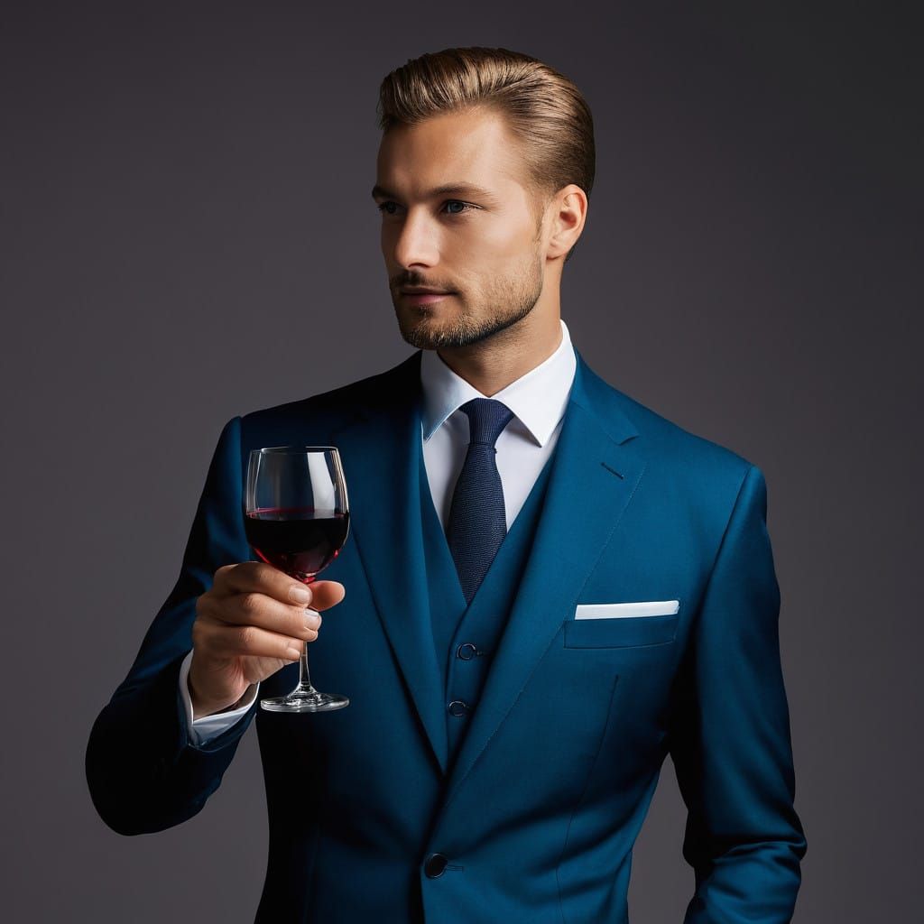A man in suit raising glass of wine.