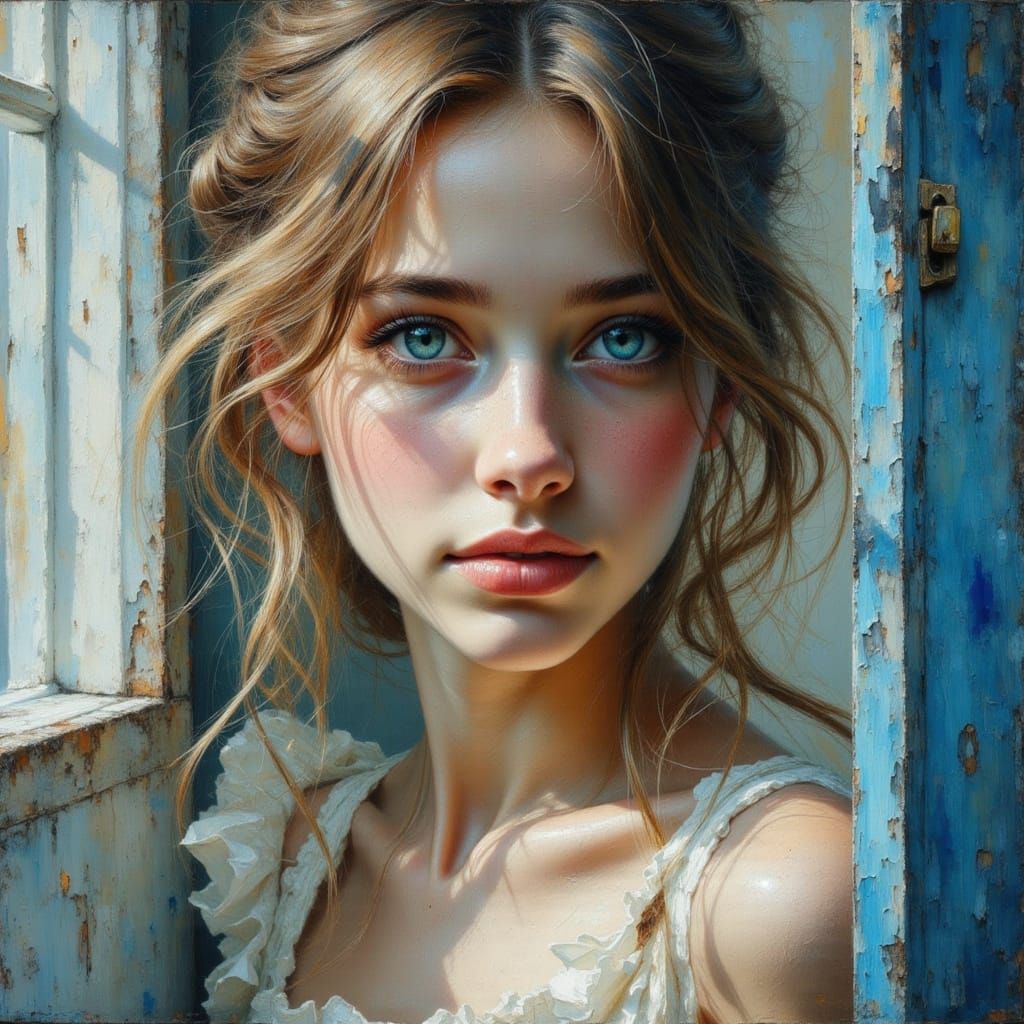 Girl's Soulful Blue Eyes in Oil Impasto Style