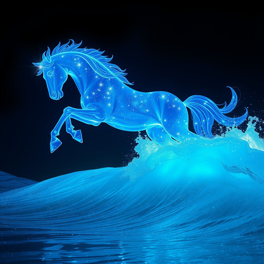 Blue Glass Horse Leaps Over Cresting Wave