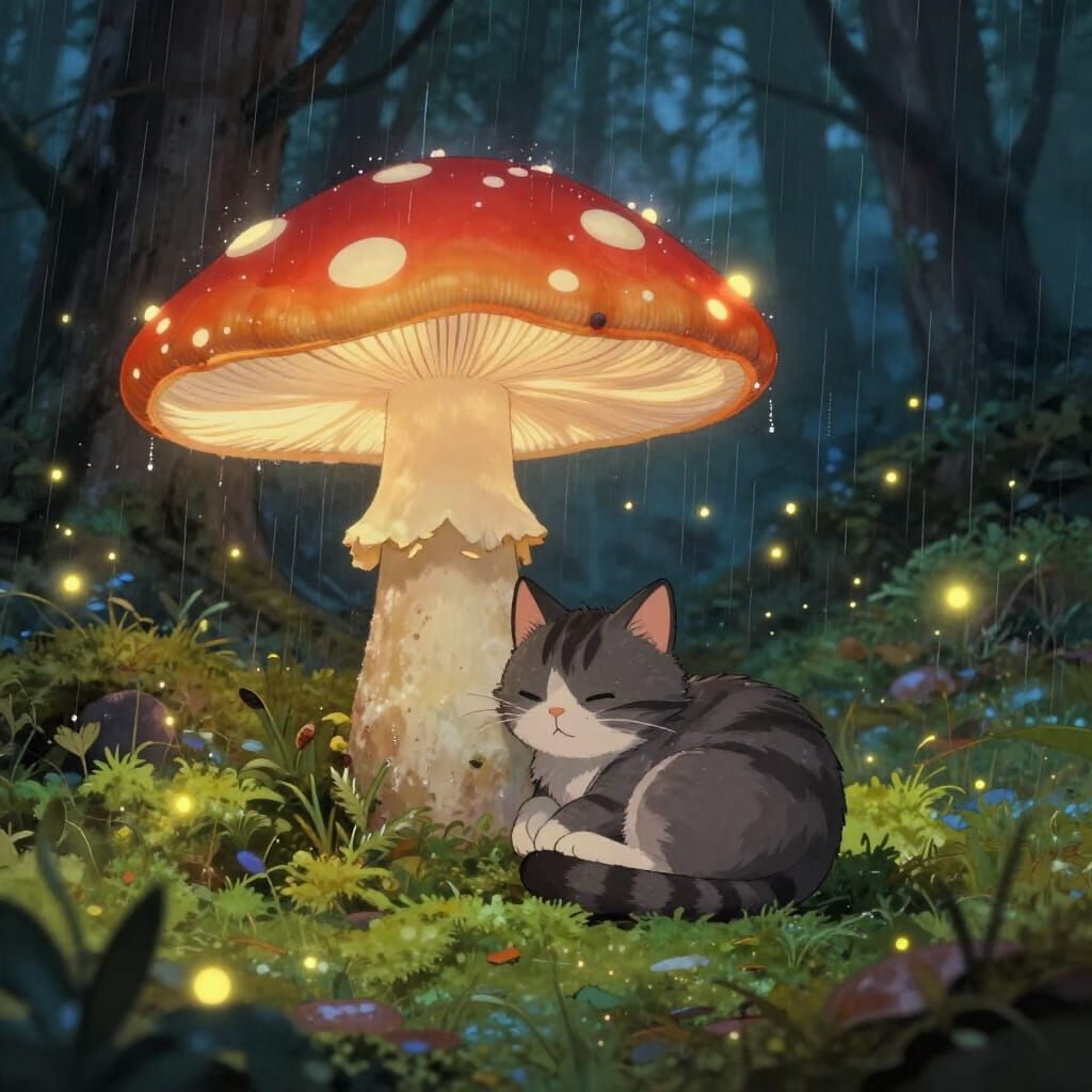 Cat Finds Sanctuary Under Glowing Mushroom