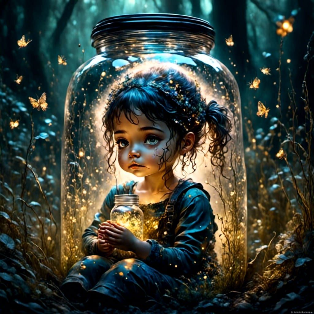 Ink Portrait of Girl with Fireflies in Magical Forest