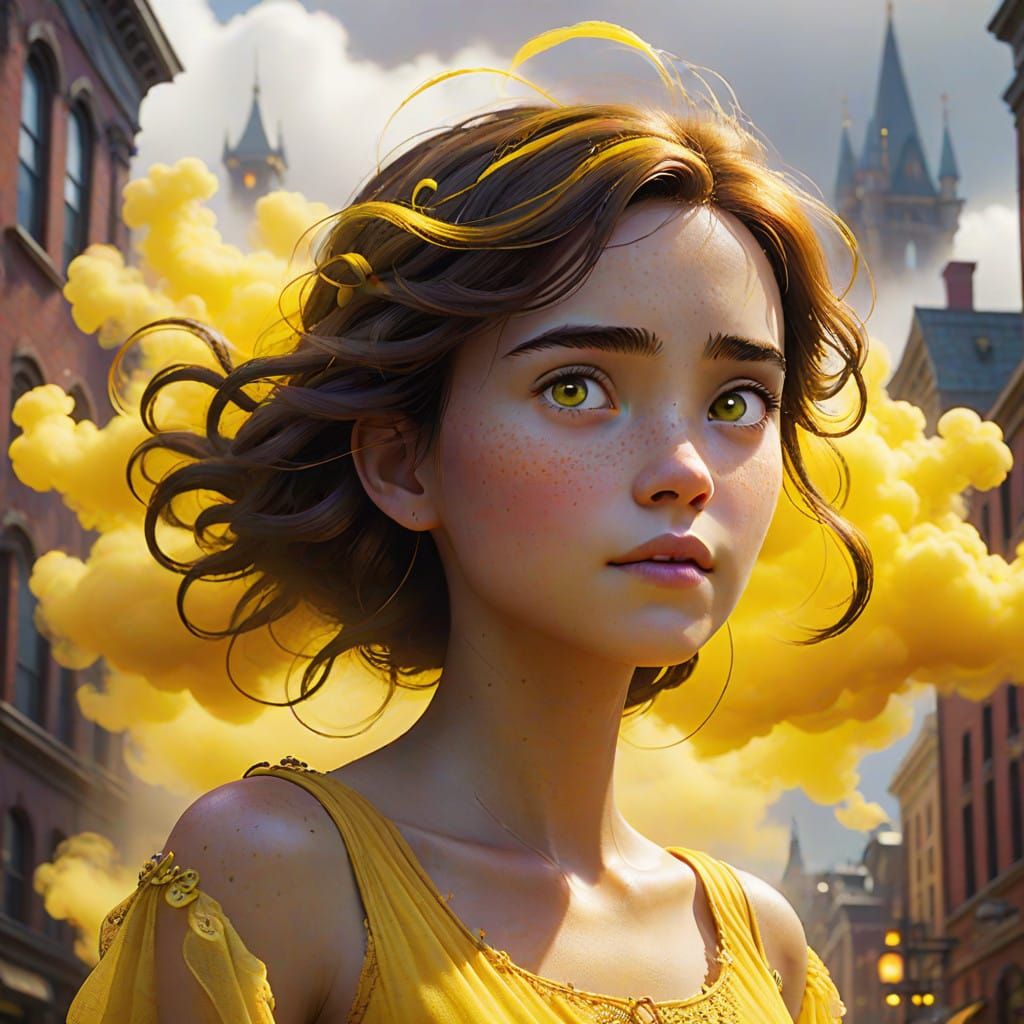 Majestic Yellow Cloud Elemental in a Whimsical Cityscape
