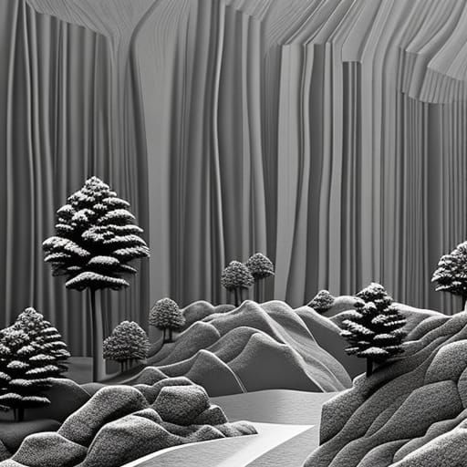 House in Forest Diorama Ink Drawing 3D Render