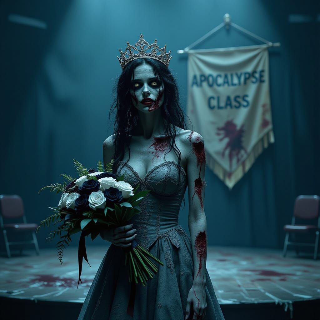 Zombie Prom Queen Accepting Tiara in Apocalypse Gymnasium