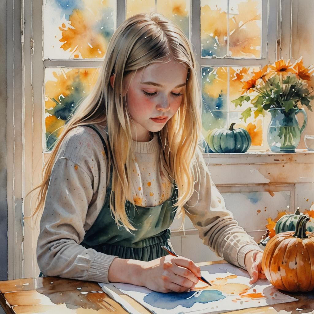 Girl Drawing Pumpkin in Watercolour Style