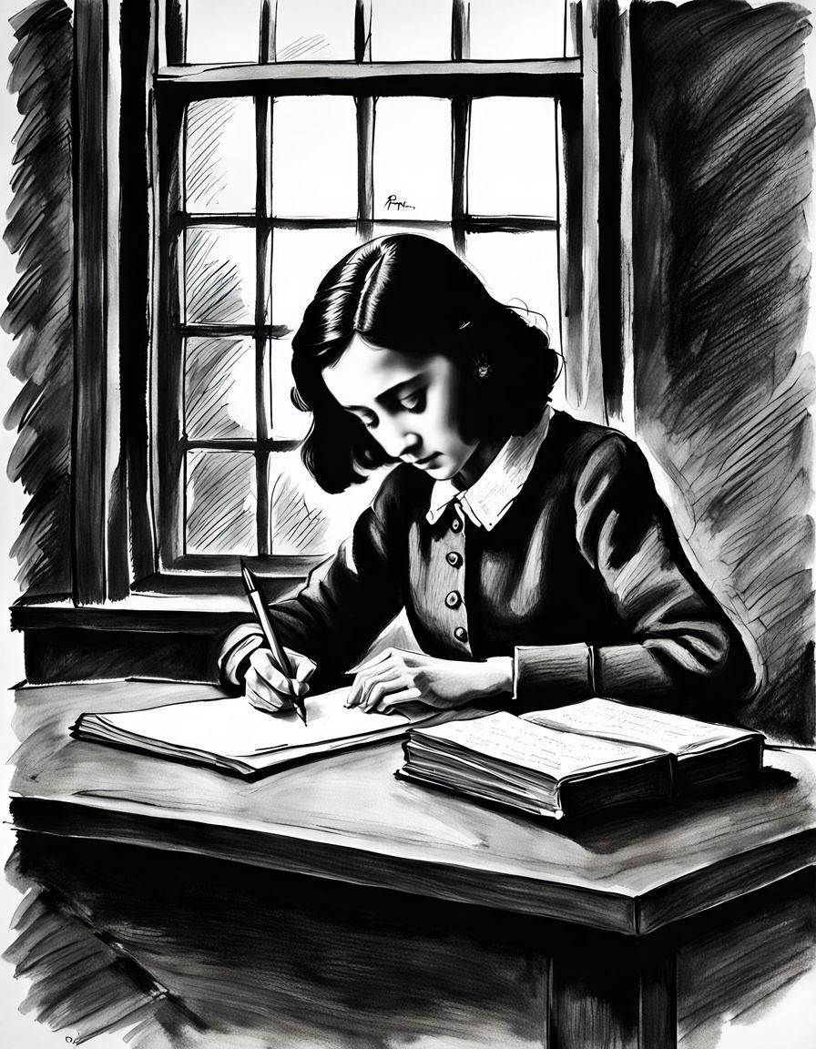 Anne Frank Writing Diary: Charcoal Drawing