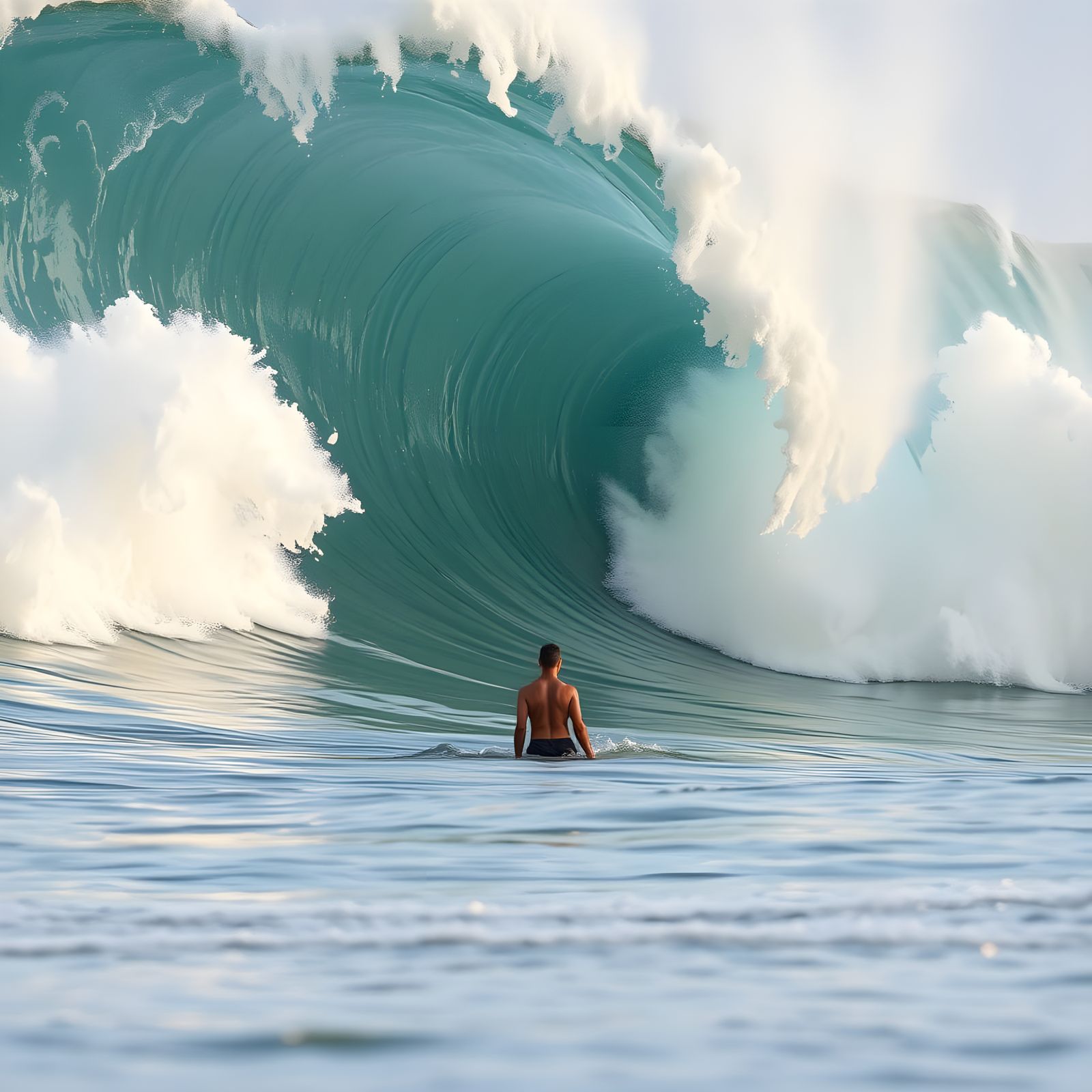 Man Bracing Against a Mighty Ocean Wave