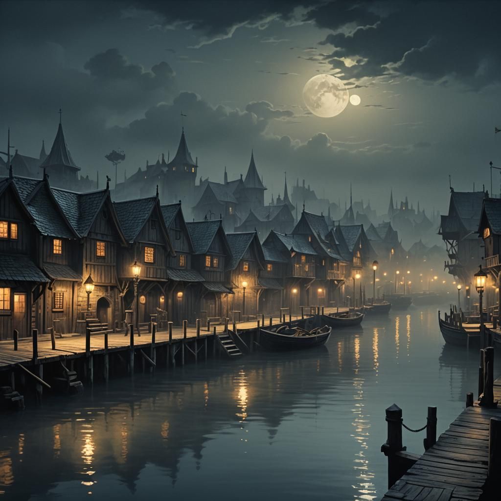 Fantasy Medieval Wharf at Night in Frazetta Style