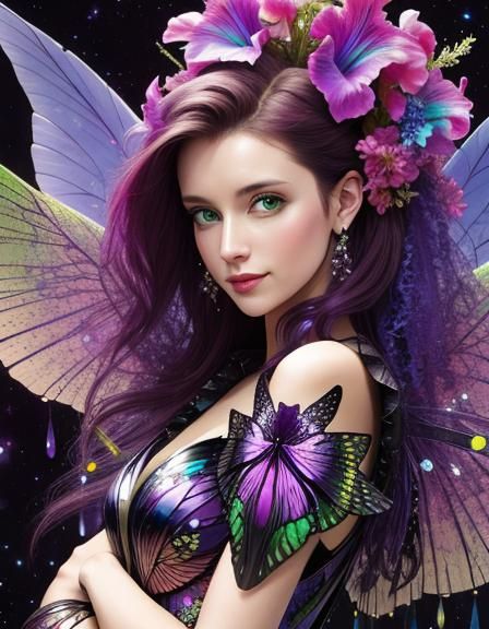 Cheerful Fairy with Ink Splatters and Floral Elements