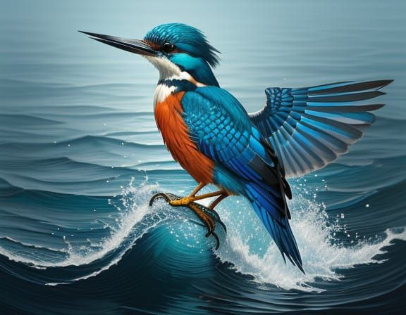 Majestic Kingfisher in Iridescent Plumage, Hovering Above Wa...