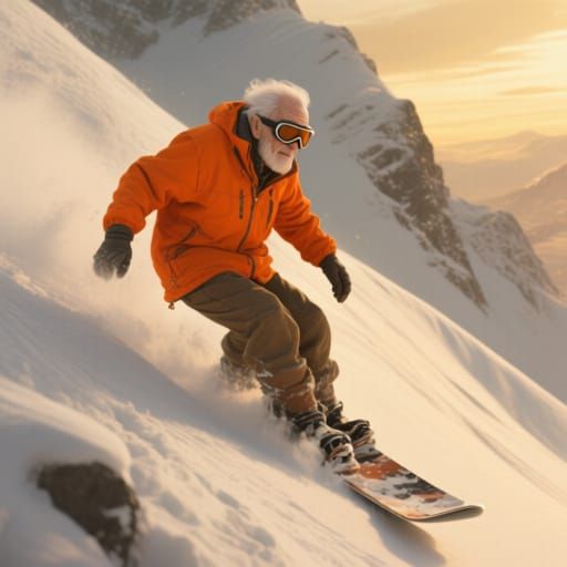 Elderly Snowboarder in Retro-Futuristic Golden Light