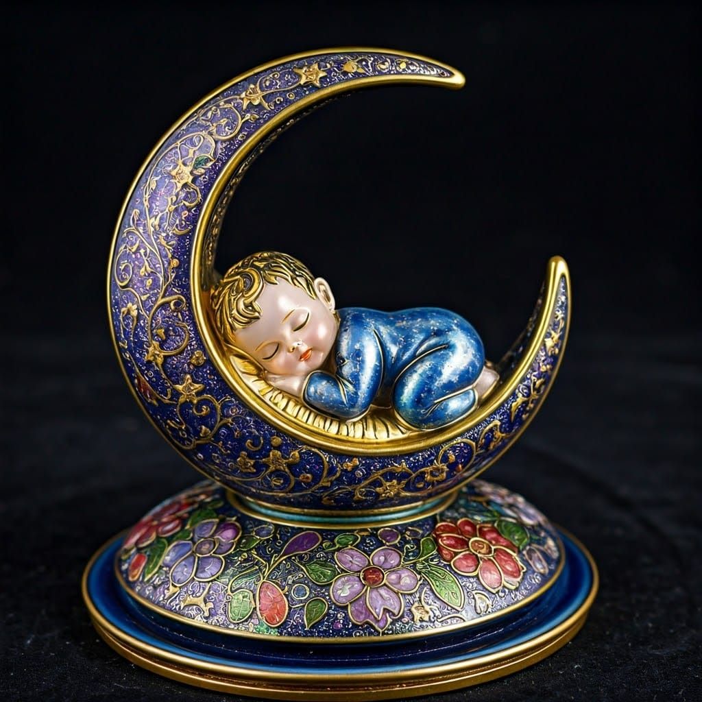 Enameled Glass Figurine: Baby on Moon