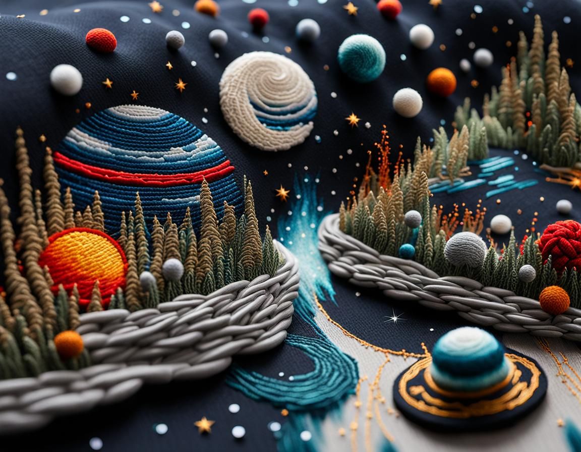 Detailed Galactic Embroidery Art on Fabric