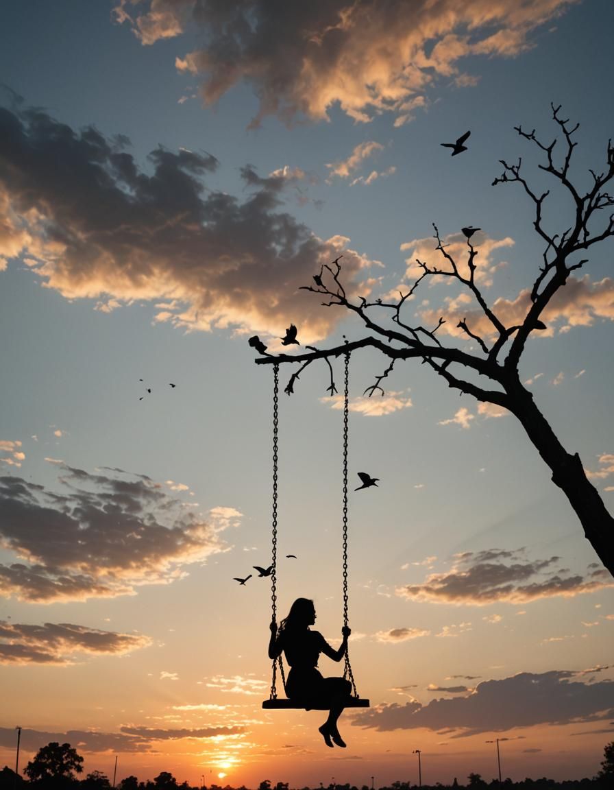 Silhouette of a girl sitting on a swing against a sunset sky...