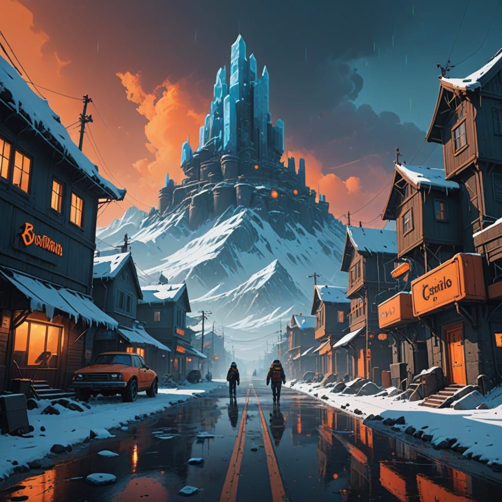 Ancient Ice Fortress in Snow-Capped Mountains with Glowing 3...