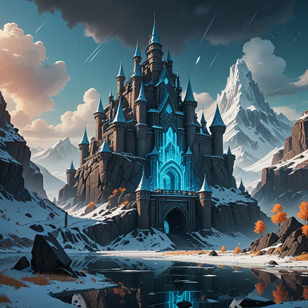 Ancient Ice Fortress in Mystical Mountains with 3D Icy Lette...
