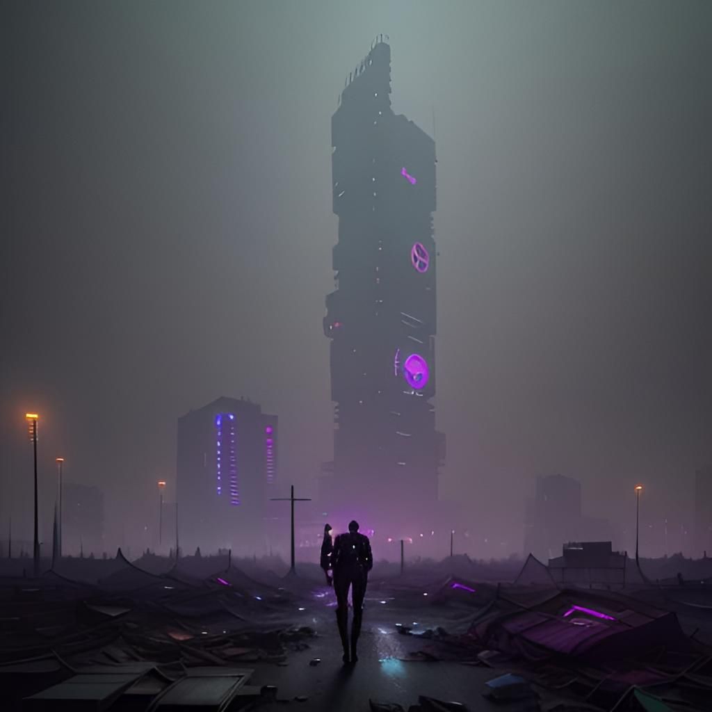 Cosmic Purple Cardboard Box in Polluted Cyberpunk City