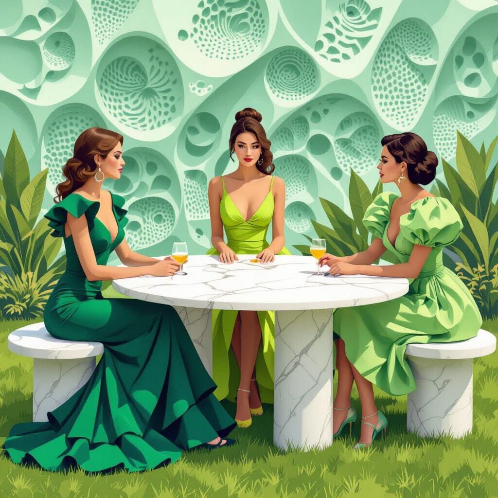 Three Women in Vibrant Emerald Green Dresses with Intricate ...