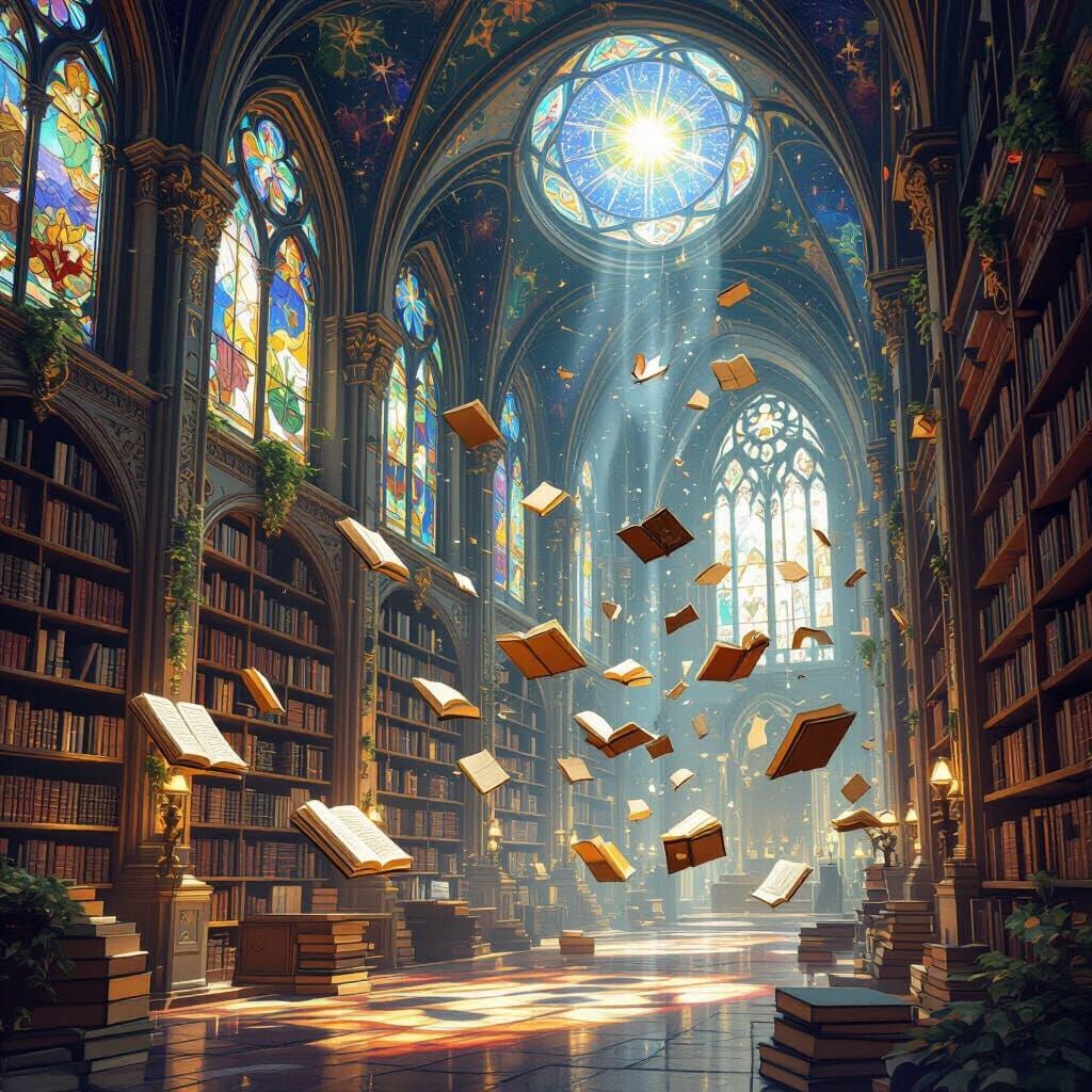 Floating Books in Magical Gothic Library
