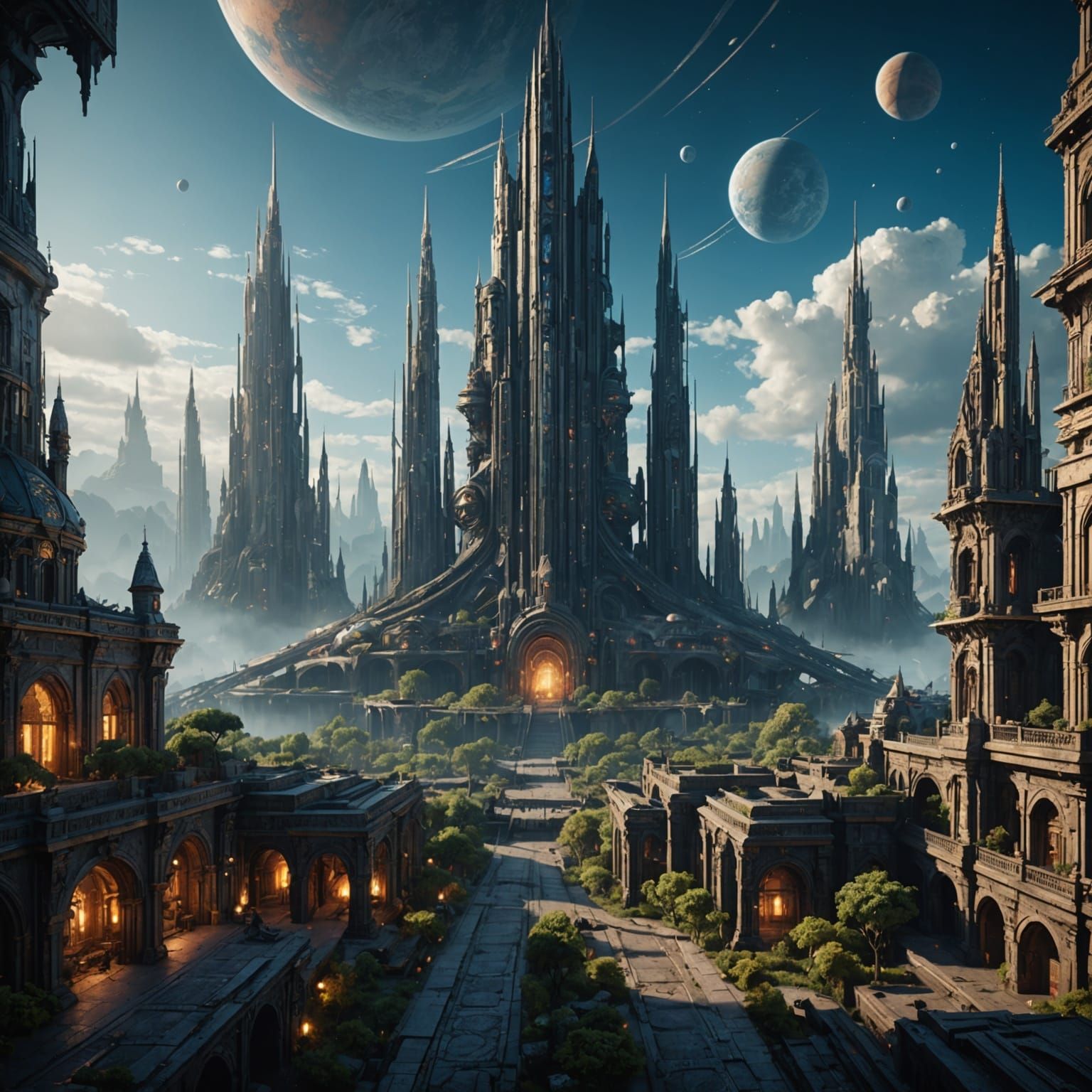 Detailed Matte Painting of a Fantastical Space City