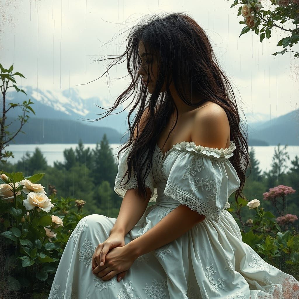 Beneath a pale sky soaked in rain and light, a quiet scene unfolds, a woman in a high textured off the shoulder white la...