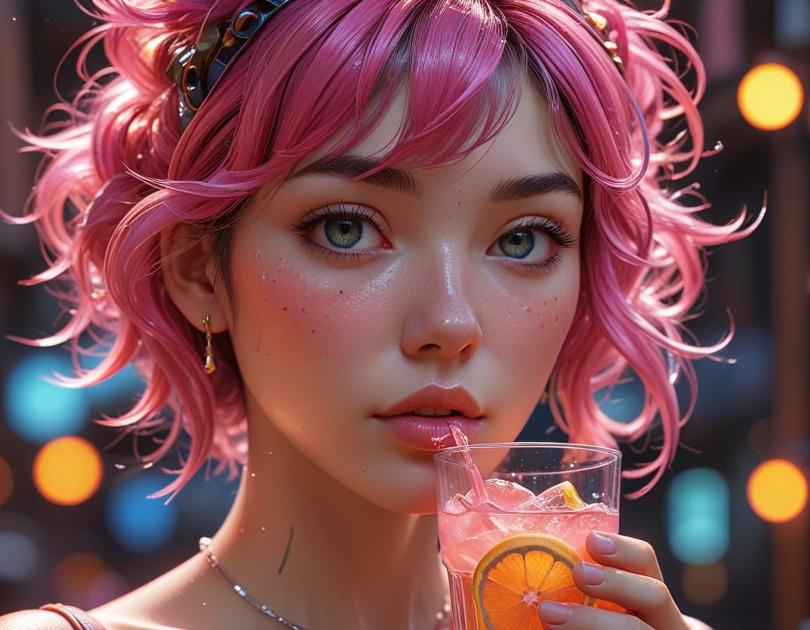Anime Girl Drinking Pink Lemonade in 3D