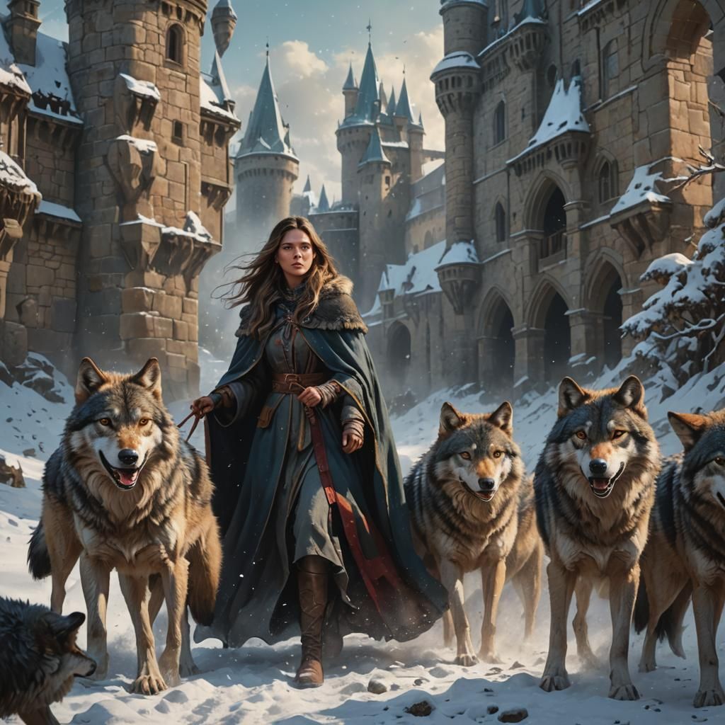Woman Hunting with Wolves Near Old Castle