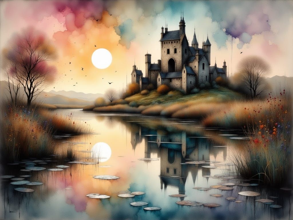 Surreal Ruined Cityscape Reflected in Sunset Lake