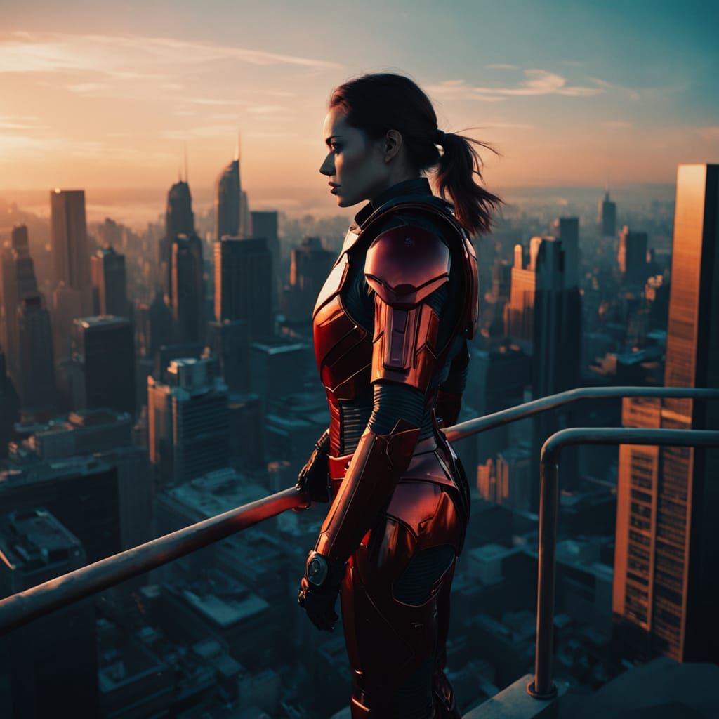 Epic Futuristic Warrior on Rooftop at Sunset