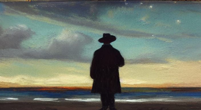Man in Long Coat on Beach at Night, Impressionist Style