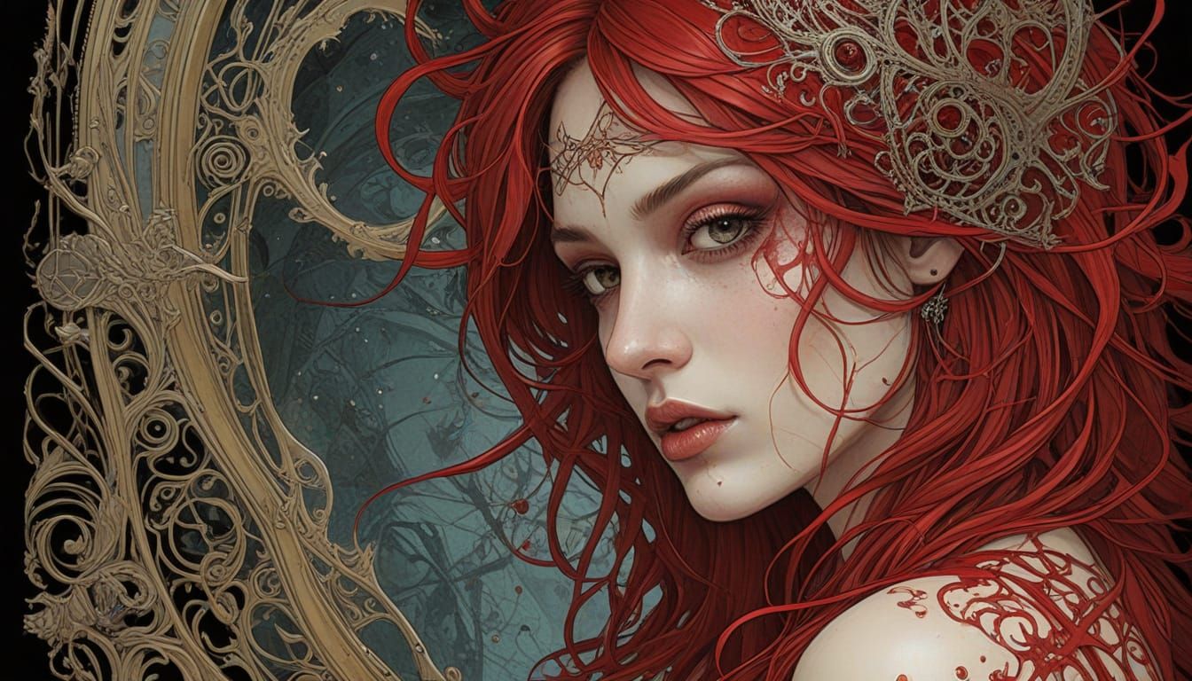 Cyberpunk Mirror Reflection with Crimson Splatter