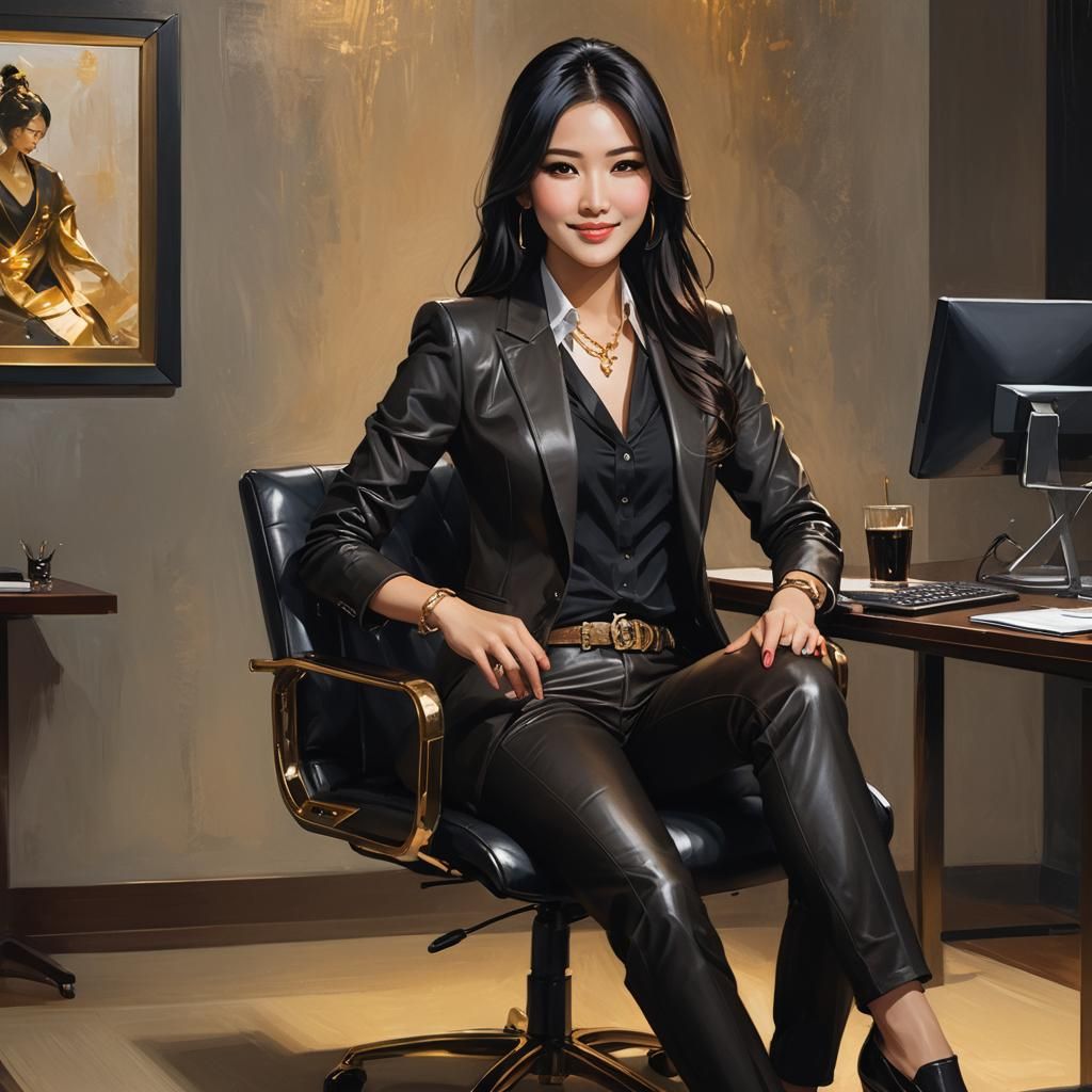 Flirty Japanese Girl at Desk: Digital Painting