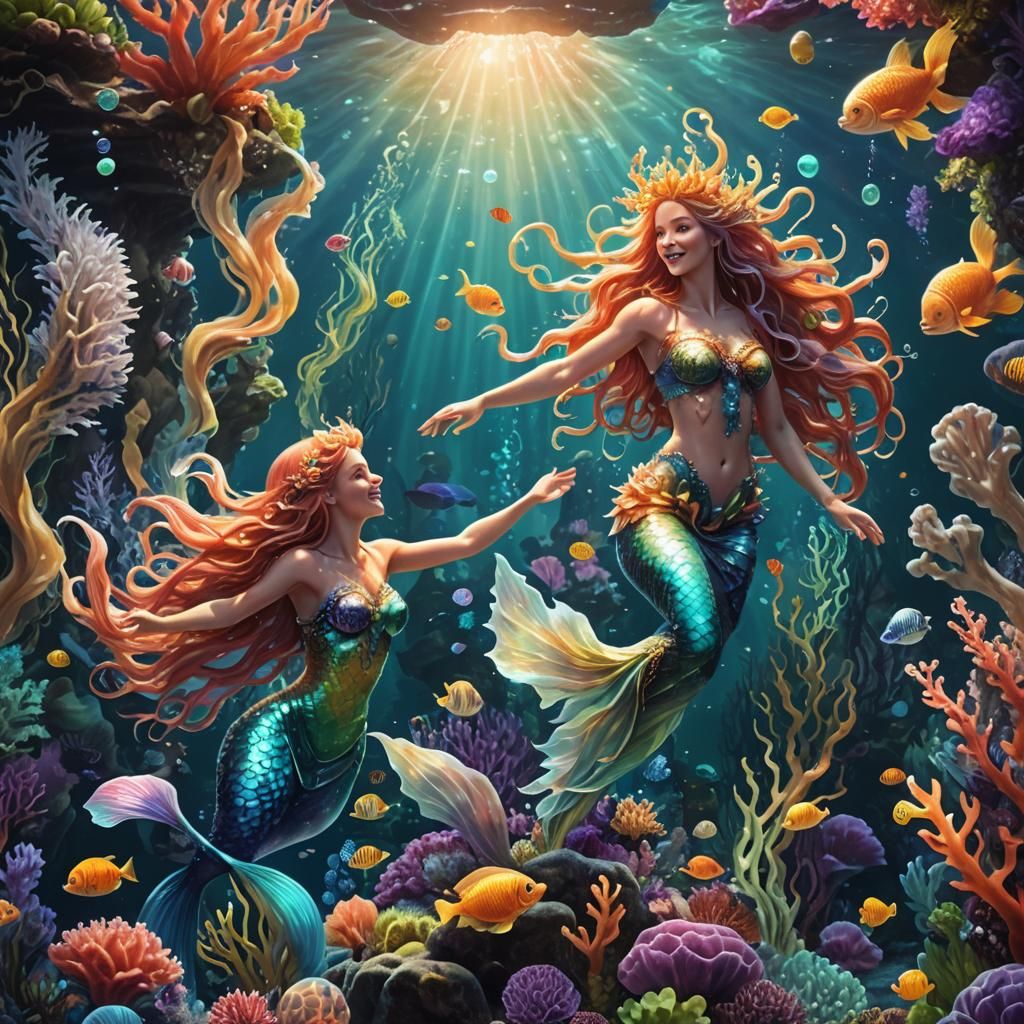 Depict the underwater world of mermaids, at the bottom of th...