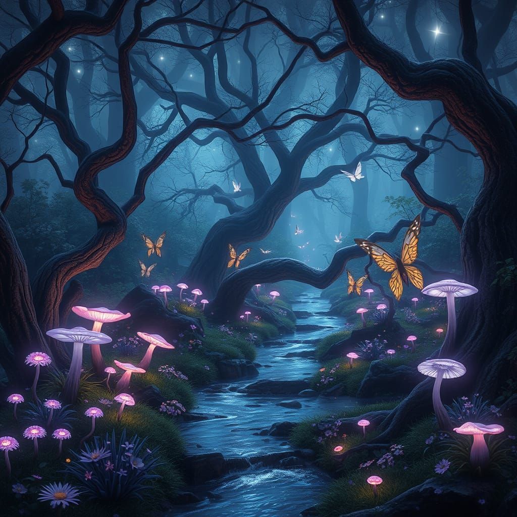 Enchanted Twilight Grove with Fairies and Glowing Flora
