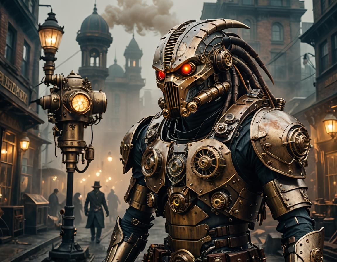 Steampunk Predator in Victorian City with Clockwork Cannon