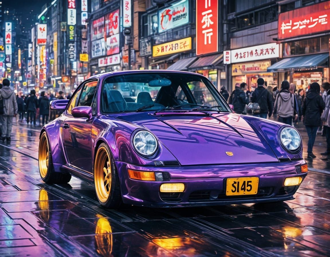 Porsche 964 on Shibuya Street in Anime Style