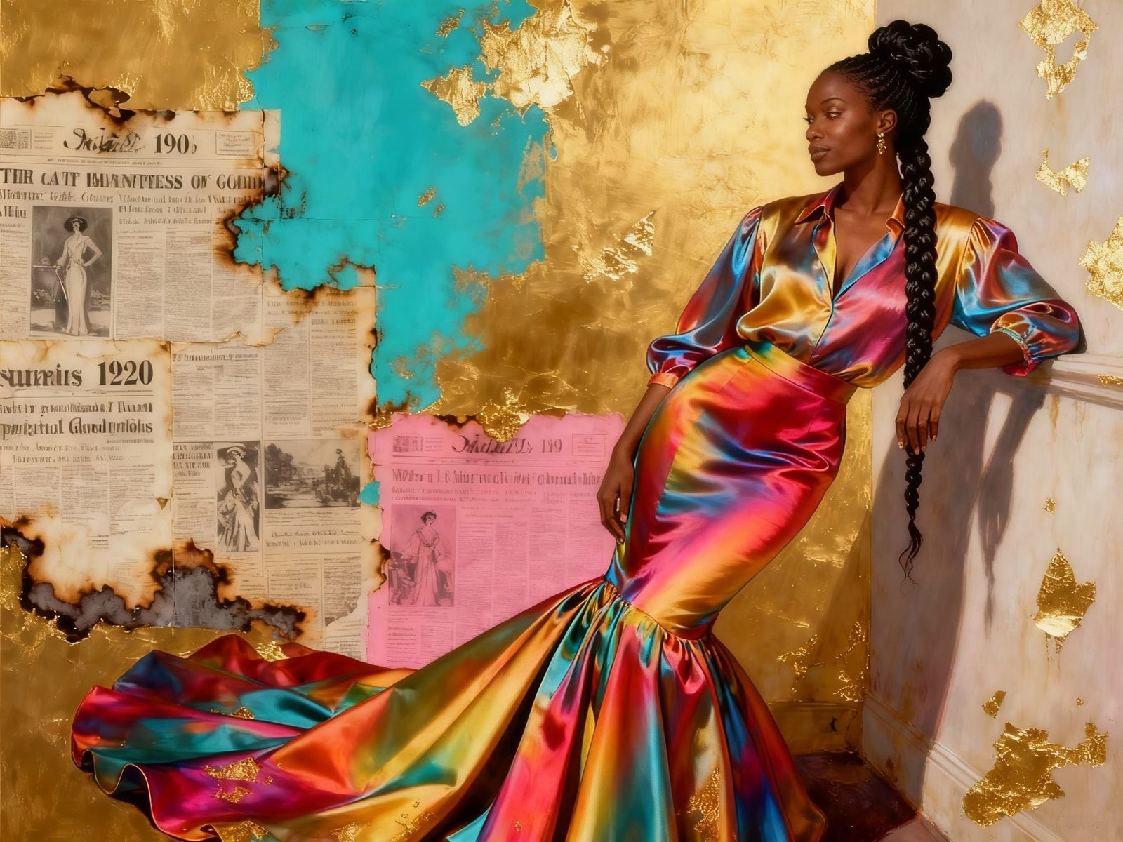 Elegant Black Woman in Blue Skirt, Rose Blouse