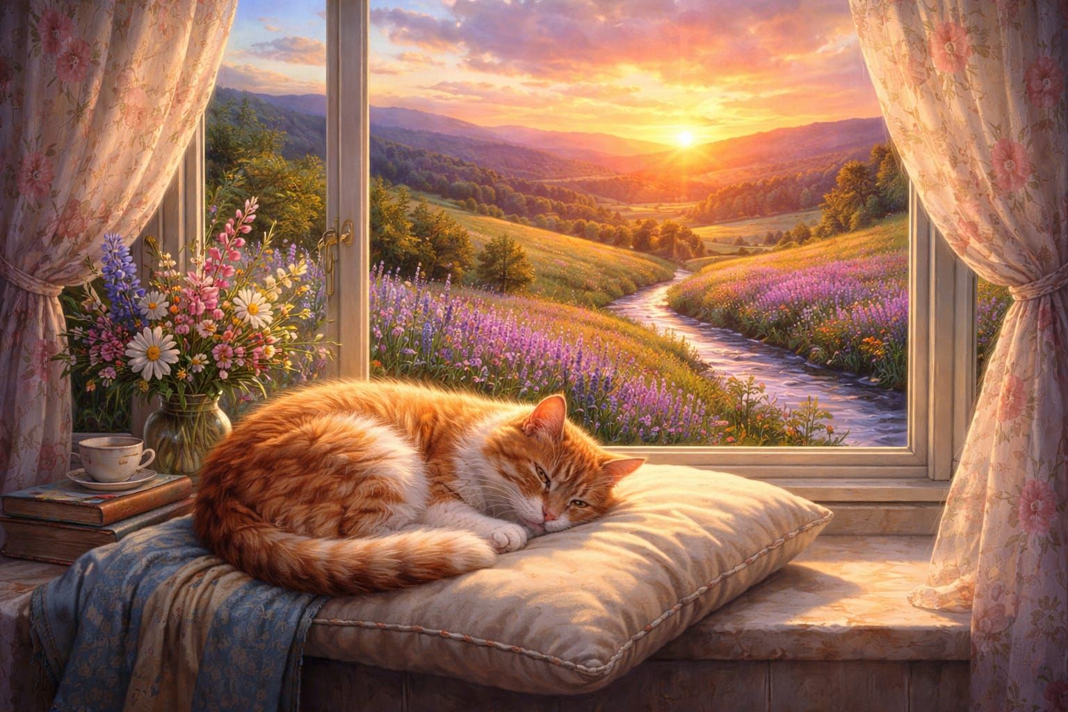 Sleeping Cat in Window Sill with Sunset Landscape Painting