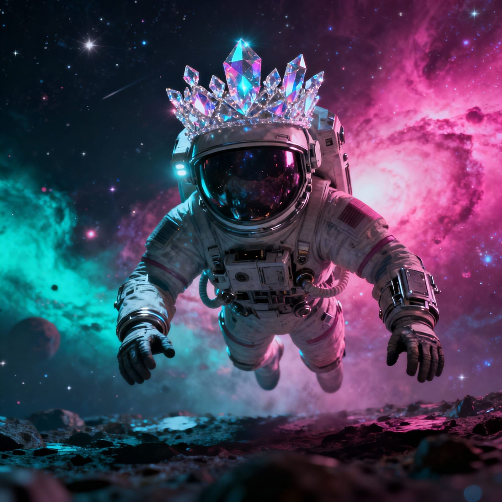 Astronaut Adrift in Cosmic Void with Crystalline Crown