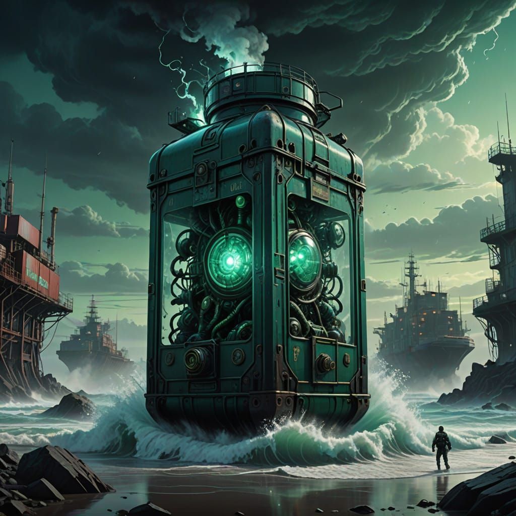 Biomechanical Glass Container in Futuristic Storm