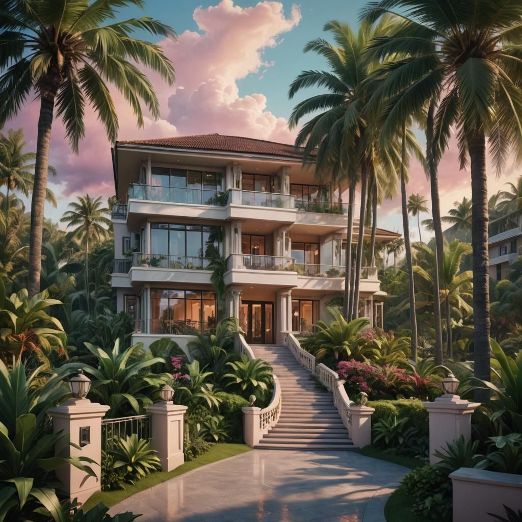 luxurious two-story house set in a tropical location, surrou...