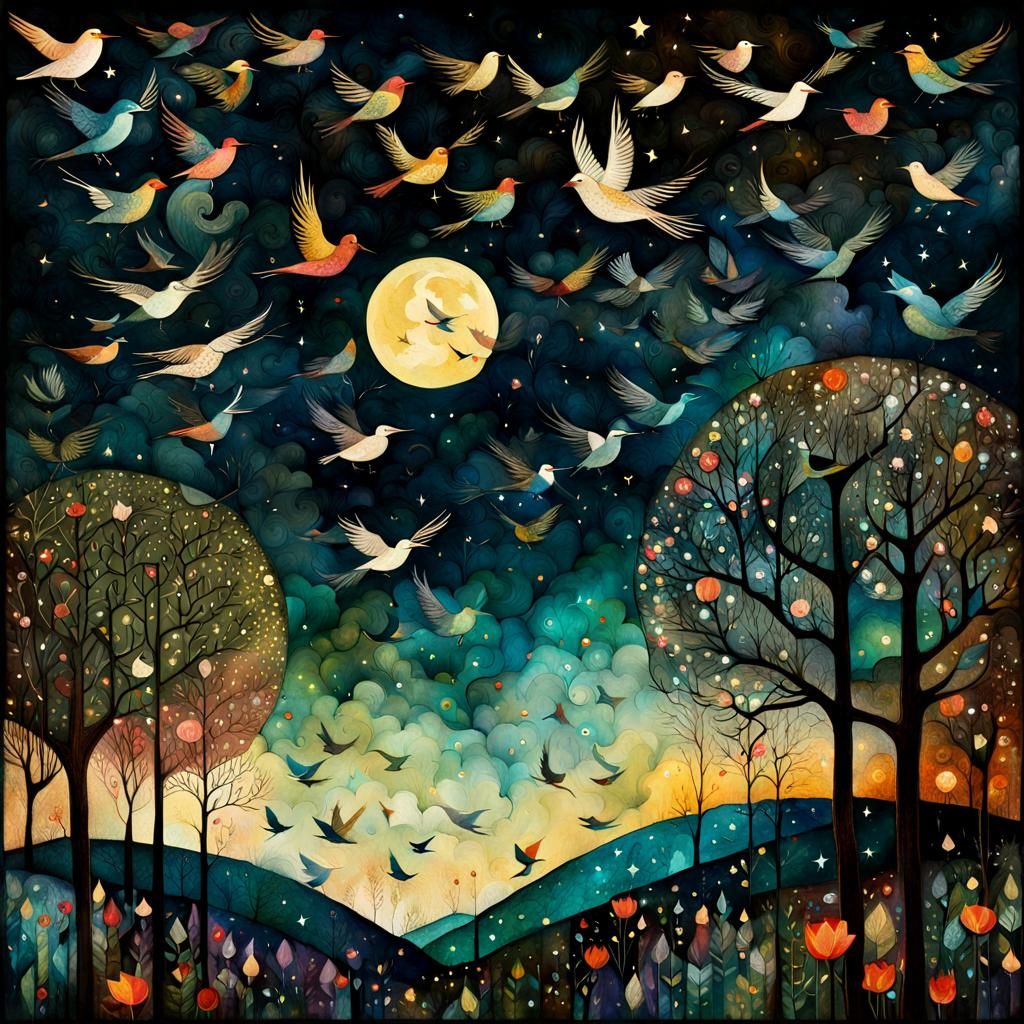 Dreamy Birds Flying at Night in Watercolor Style